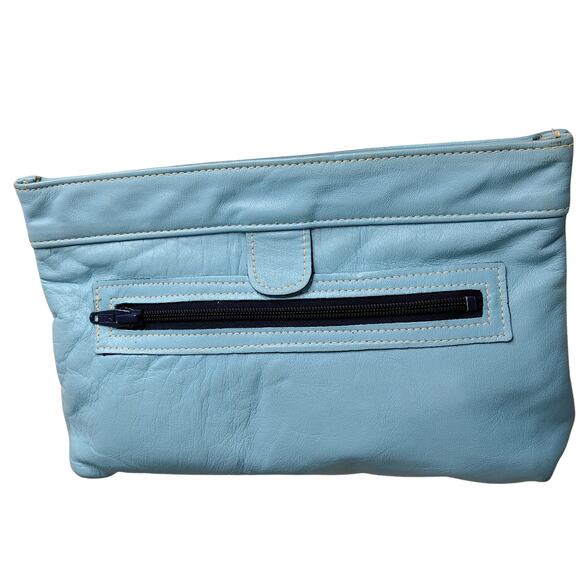 1970s Davey's Baby Blue Vintage Leather Tension Lock Clutch Handbag Made in USA - Picture 2 of 11